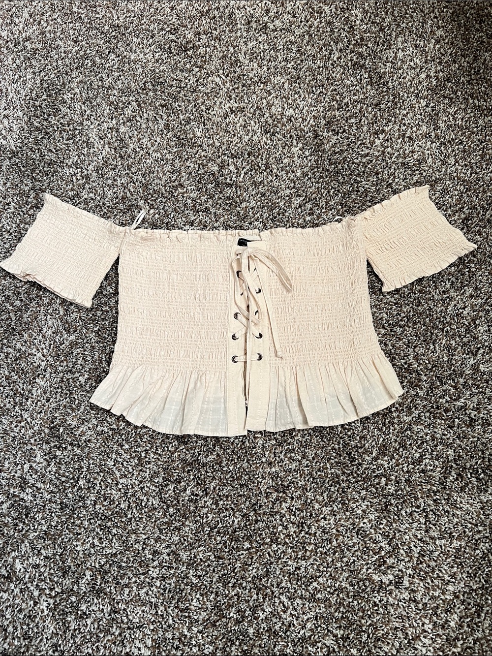 Zara Cream Off-Shoulder Smocked Crop Top with Lace-Up Front